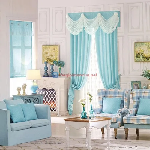 Màn cửa cản sáng hoa văn xanh cao cấp